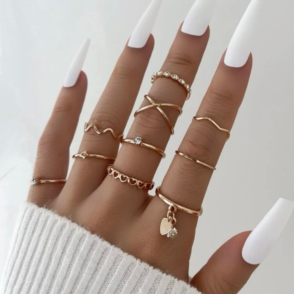 Love Me Some More 10 PC Rhinestone Gold Fashion Rings Set